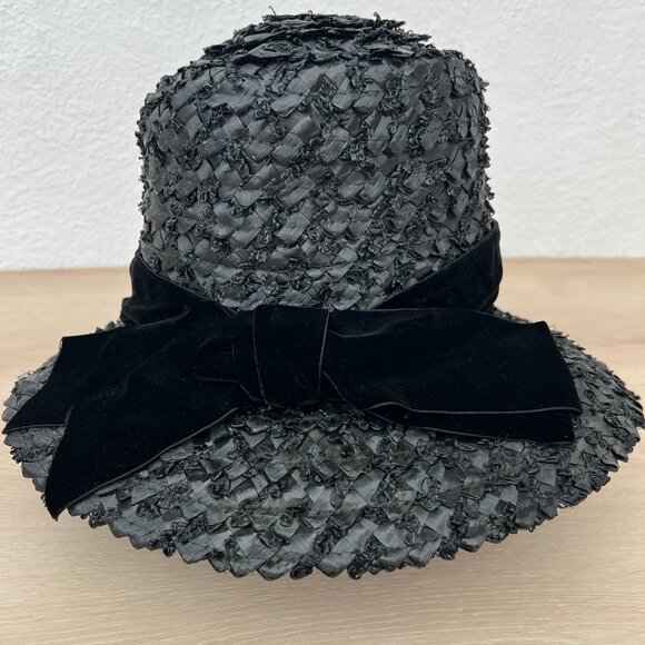 Vintage 60s Union Made Women\'s Size Large Black Raffia Garbo Hat Velvet Band Bow main image 14